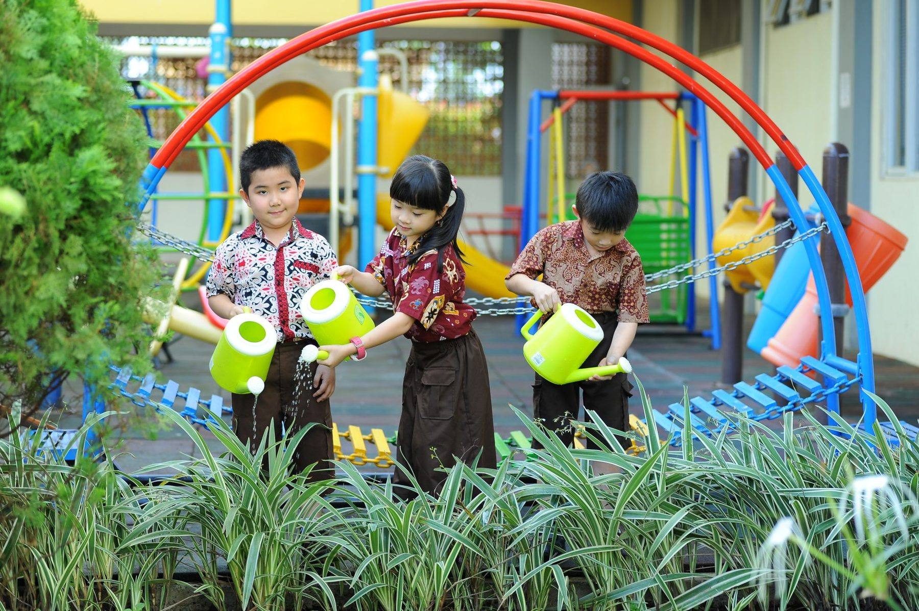Tiga anak TK berseragam batik menyiram tanaman di halaman sekolah